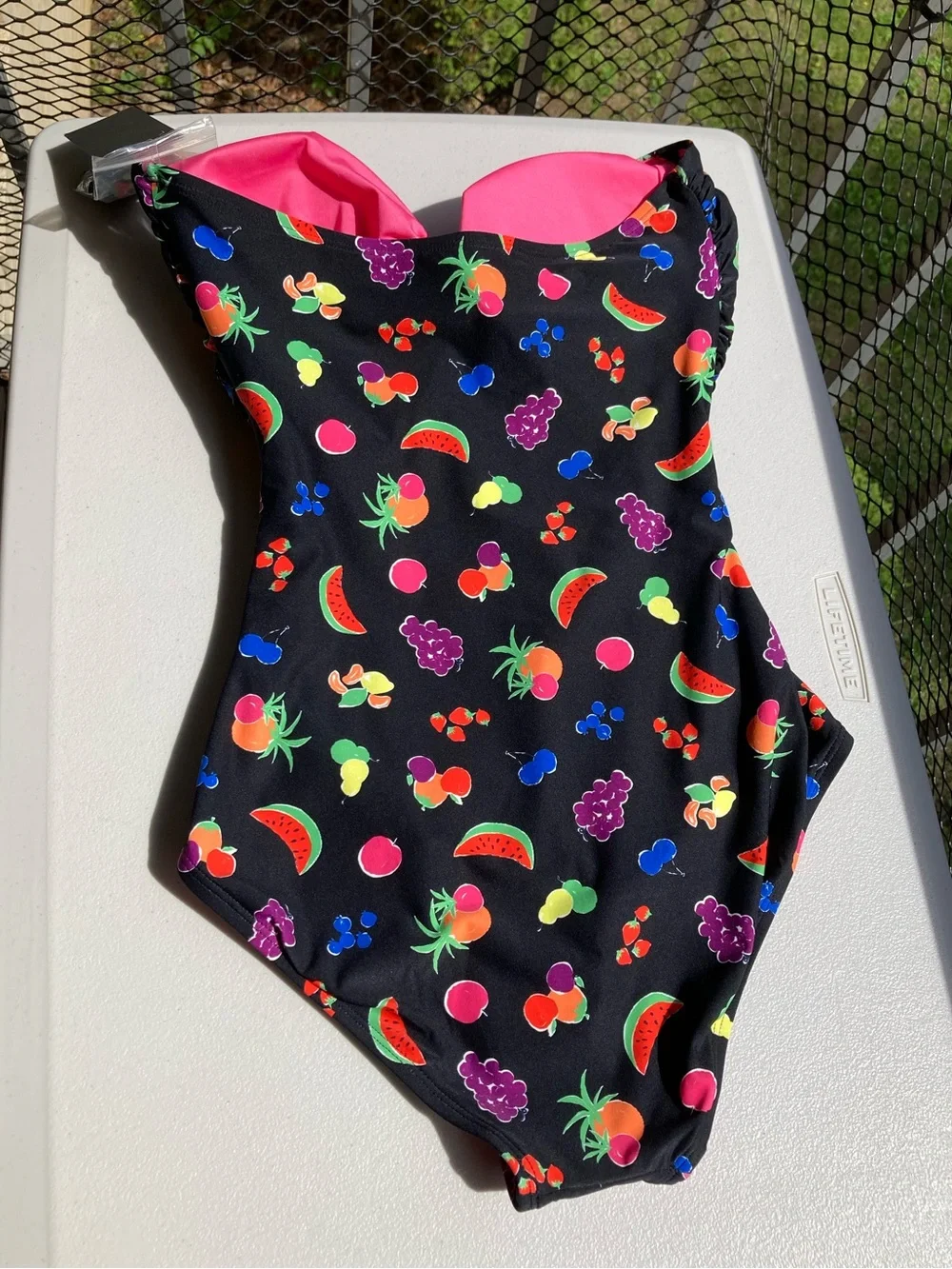 Kate Spade Black One Piece Swimsuit Colorful Fruit Print Bathing Suit NEW